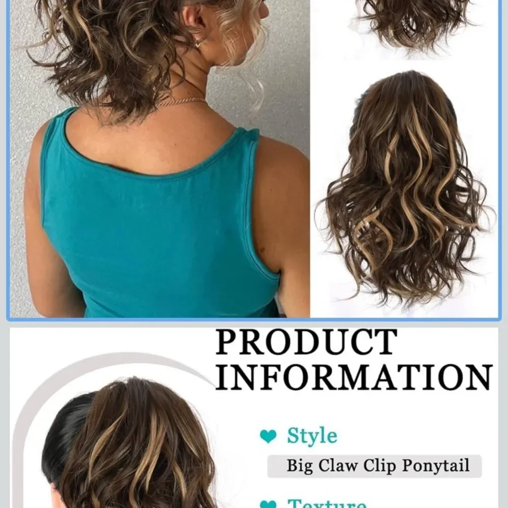 Ponytail Extension 12inch Natural Curly Wave Synthetic Hairpiece Highlight Claw